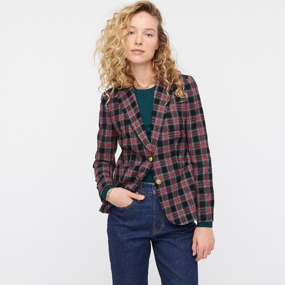 NWT J.Crew Shrunken Blazer in Red Green Black Stewart Tartan Plaid Wool Jacket 8
